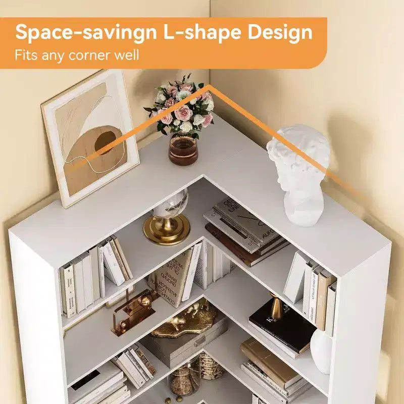 Étagère d'angle, étagère d'angle à 6 niveaux en forme de L avec déflecteurs, bibliothèque en bois
