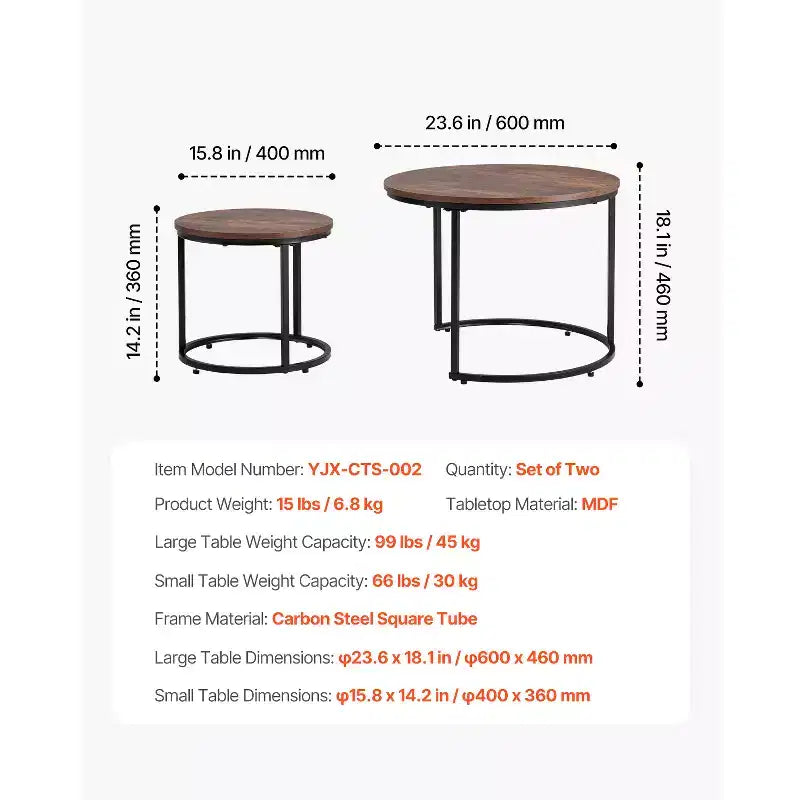 VEVOR Lot de 2 tables basses gigognes, table basse ronde de 60 cm, tables gigognes pour petits espaces, tables d'appoint/de chevet, marron vintage et noir