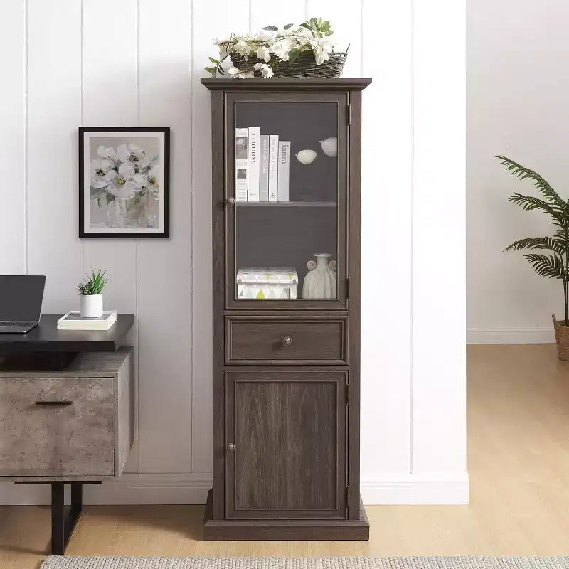 Armoire de rangement haute moderne avec portes et étagères en verre - Buffet autoportant polyvalent avec tiroir pour salon, cuisine, salle à manger et bureau