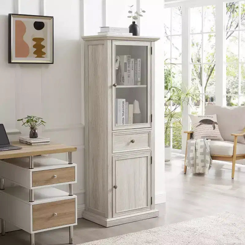 Armoire de rangement haute moderne avec portes et étagères en verre - Buffet autoportant polyvalent avec tiroir pour salon, cuisine, salle à manger et bureau