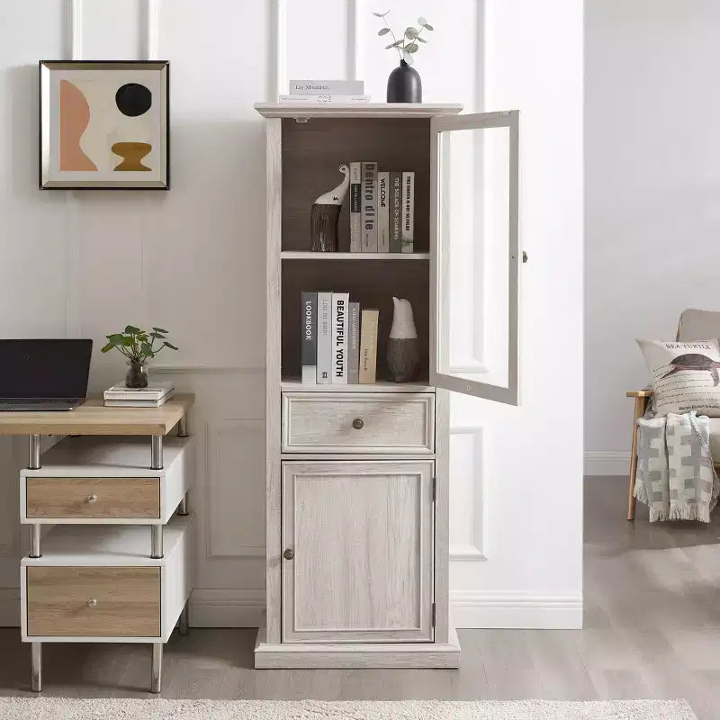 Armoire de rangement haute moderne avec portes et étagères en verre - Buffet autoportant polyvalent avec tiroir pour salon, cuisine, salle à manger et bureau