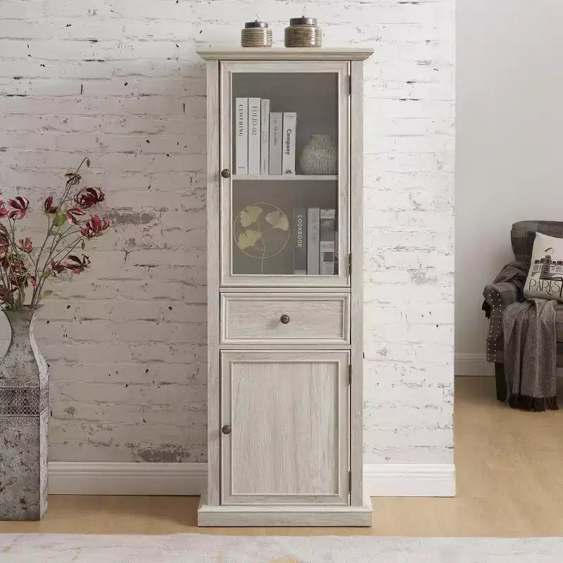Armoire de rangement haute moderne avec portes et étagères en verre - Buffet autoportant polyvalent avec tiroir pour salon, cuisine, salle à manger et bureau