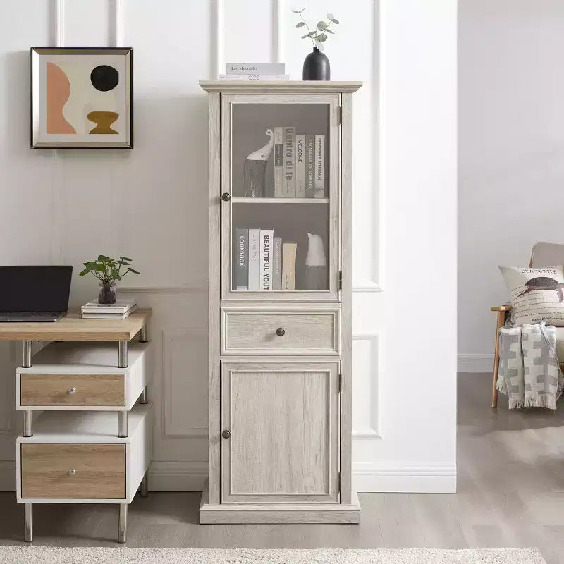 Armoire de rangement haute moderne avec portes et étagères en verre - Buffet autoportant polyvalent avec tiroir pour salon, cuisine, salle à manger et bureau
