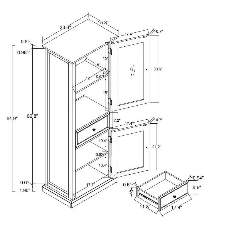 Armoire de rangement haute moderne avec portes et étagères en verre - Buffet autoportant polyvalent avec tiroir pour salon, cuisine, salle à manger et bureau