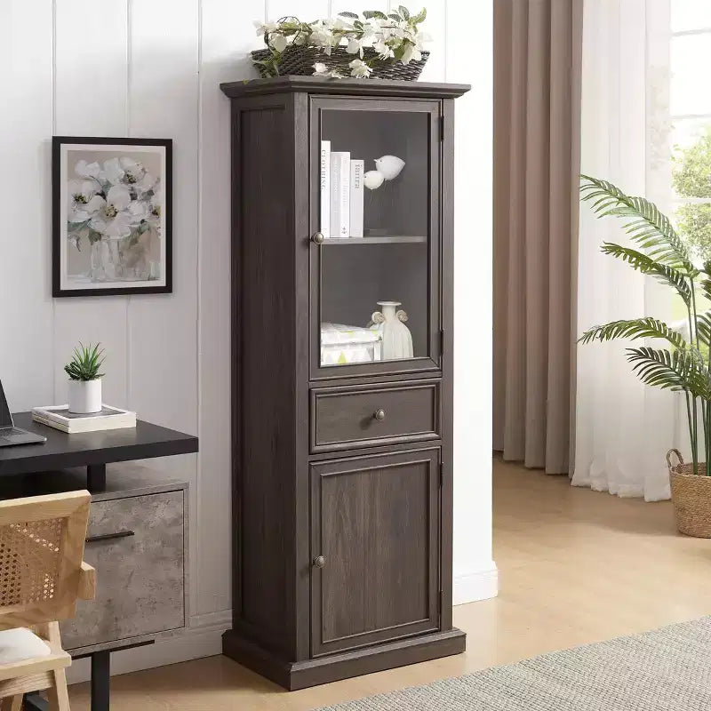 Armoire de rangement haute moderne avec portes et étagères en verre - Buffet autoportant polyvalent avec tiroir pour salon, cuisine, salle à manger et bureau
