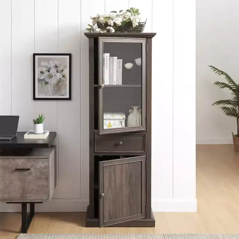Armoire de rangement haute moderne avec portes et étagères en verre - Buffet autoportant polyvalent avec tiroir pour salon, cuisine, salle à manger et bureau