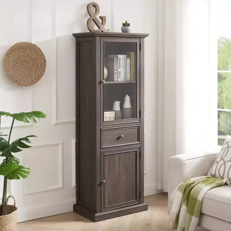 Armoire de rangement haute moderne avec portes et étagères en verre - Buffet autoportant polyvalent avec tiroir pour salon, cuisine, salle à manger et bureau