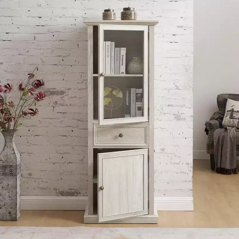 Armoire de rangement haute moderne avec portes et étagères en verre - Buffet autoportant polyvalent avec tiroir pour salon, cuisine, salle à manger et bureau