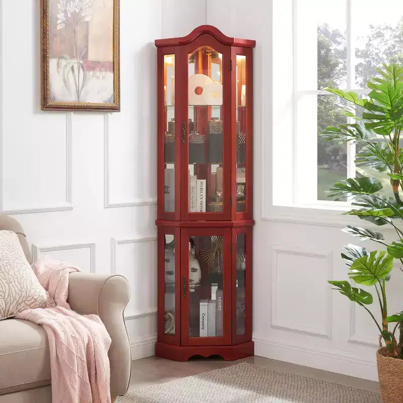 Vitrine d'angle éclairée avec portes et étagères en verre trempé - Meuble de rangement élégant pour la décoration du salon et de la chambre