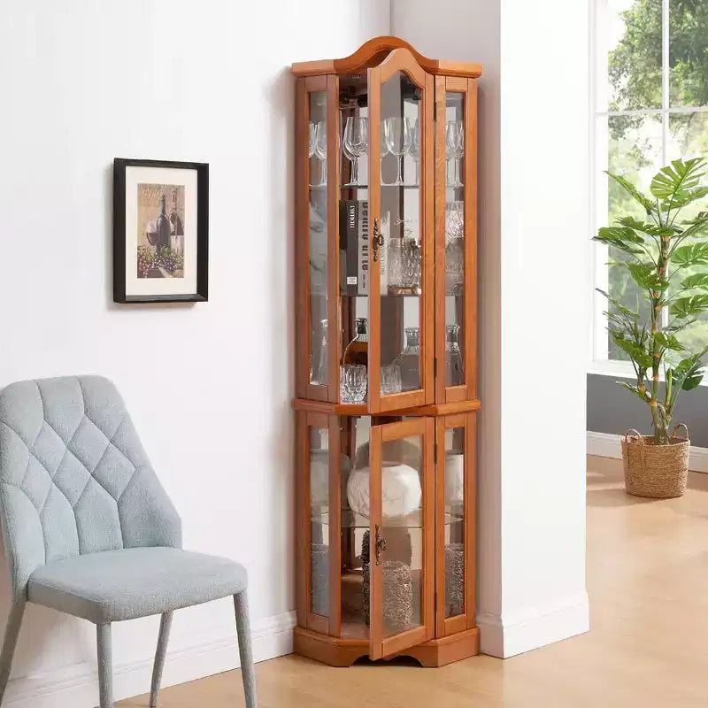 Vitrine d'angle éclairée avec portes et étagères en verre trempé - Meuble de rangement élégant pour la décoration du salon et de la chambre