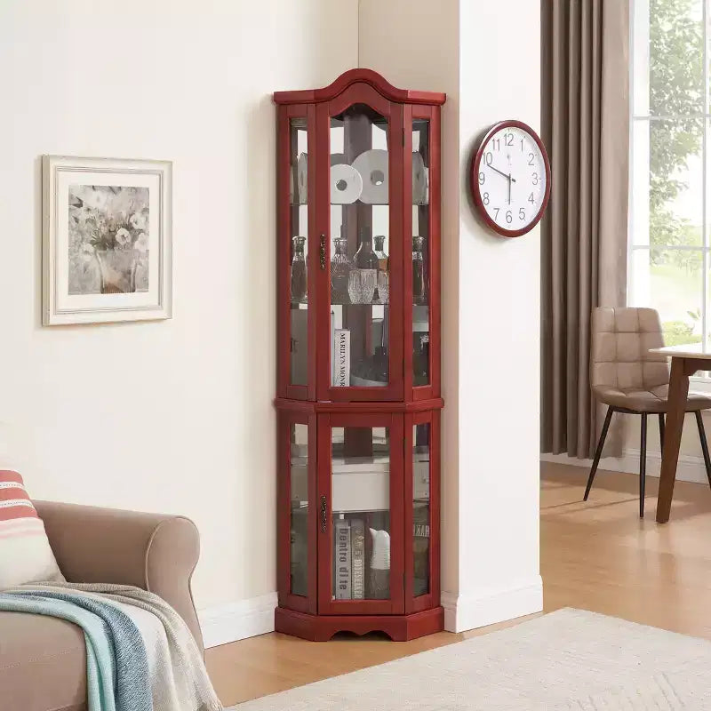 Vitrine d'angle éclairée avec portes et étagères en verre trempé - Meuble de rangement élégant pour la décoration du salon et de la chambre