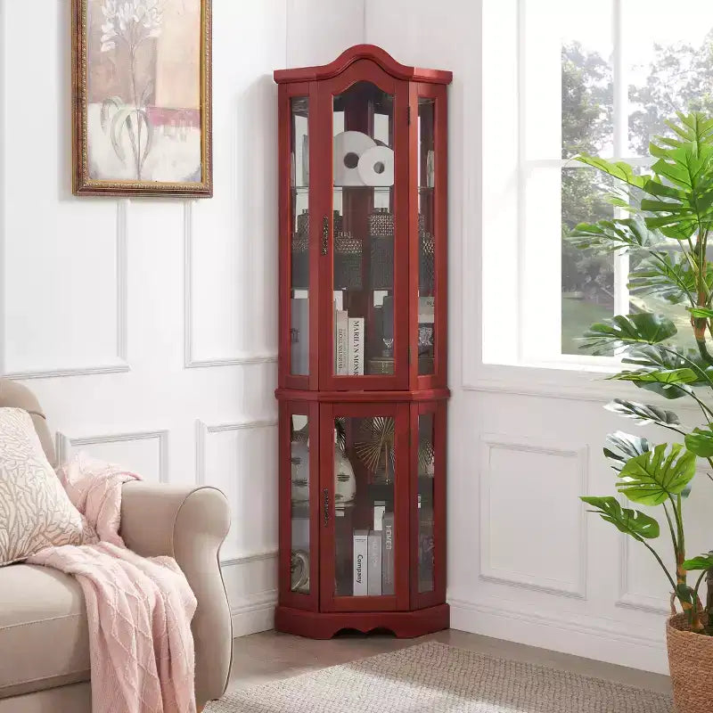 Vitrine d'angle éclairée avec portes et étagères en verre trempé - Meuble de rangement élégant pour la décoration du salon et de la chambre