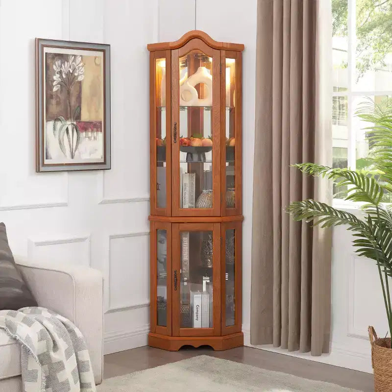 Vitrine d'angle éclairée avec portes et étagères en verre trempé - Meuble de rangement élégant pour la décoration du salon et de la chambre