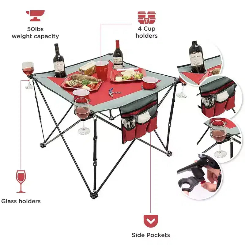 Table à vin pliante portable d'extérieur HOMLUX avec porte-gobelets, sac de rangement, plateau résistant aux UV