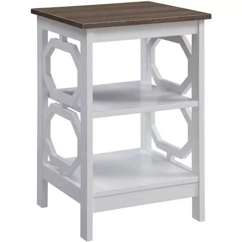 Table d'appoint Belmont HomeStock avec panneaux découpés octogonaux et étagères à trois niveaux, table d'appoint au design géométrique élégant pour la décoration de rangement du salon
