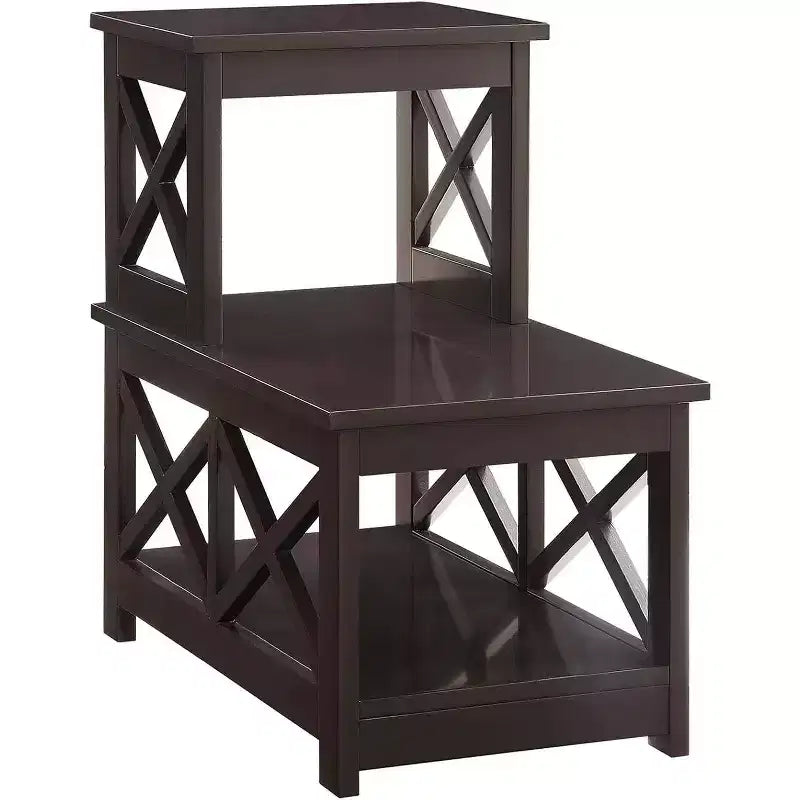Table d'appoint à 2 niveaux HomeStock Belmont avec cadre en forme de L et panneaux latéraux en X, table d'appoint de rangement à 3 niveaux pour salon ou bureau