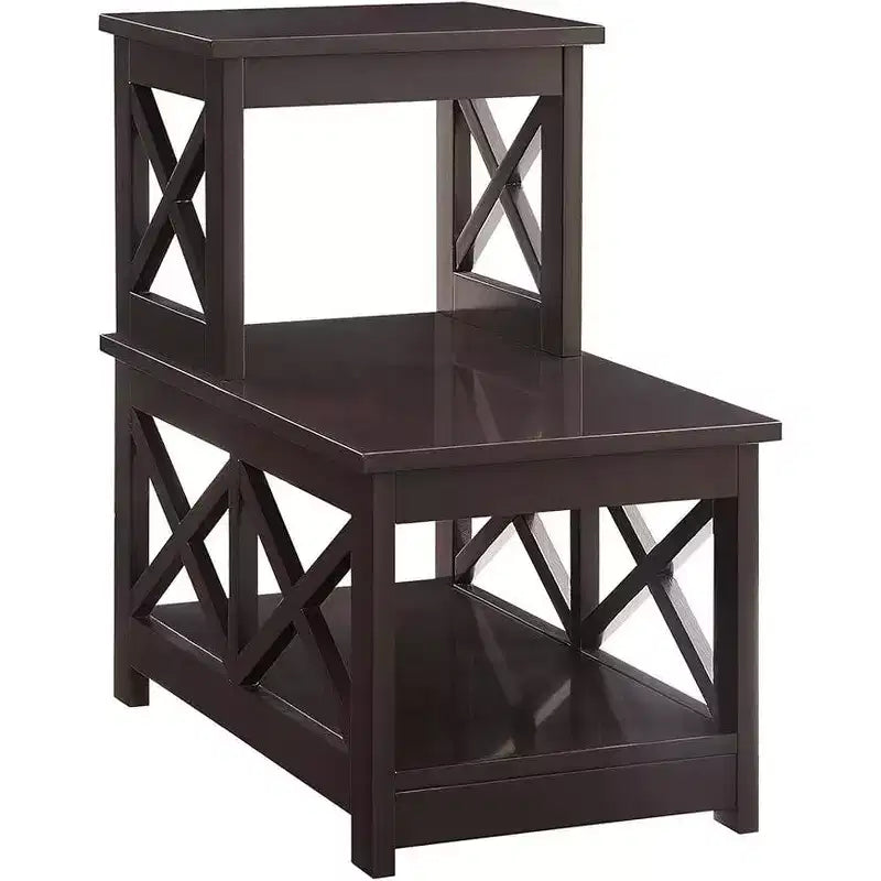 Table d'appoint à 2 niveaux HomeStock Belmont avec cadre en forme de L et panneaux latéraux en X, table d'appoint de rangement à 3 niveaux pour salon ou bureau
