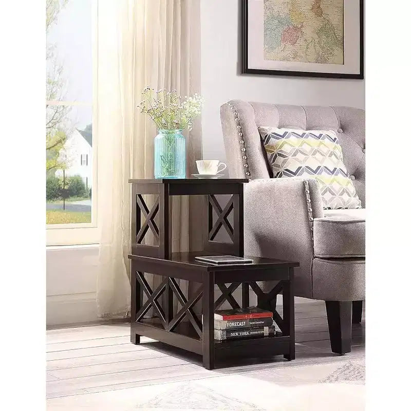 Table d'appoint à 2 niveaux HomeStock Belmont avec cadre en forme de L et panneaux latéraux en X, table d'appoint de rangement à 3 niveaux pour salon ou bureau