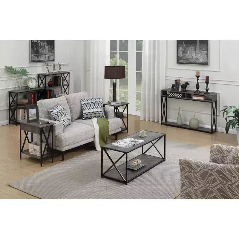 HomeStock Belmont – Lot de 2 tables basses gigognes avec piètement en X en métal thermolaqué, surfaces aspect bois, design polyvalent peu encombrant