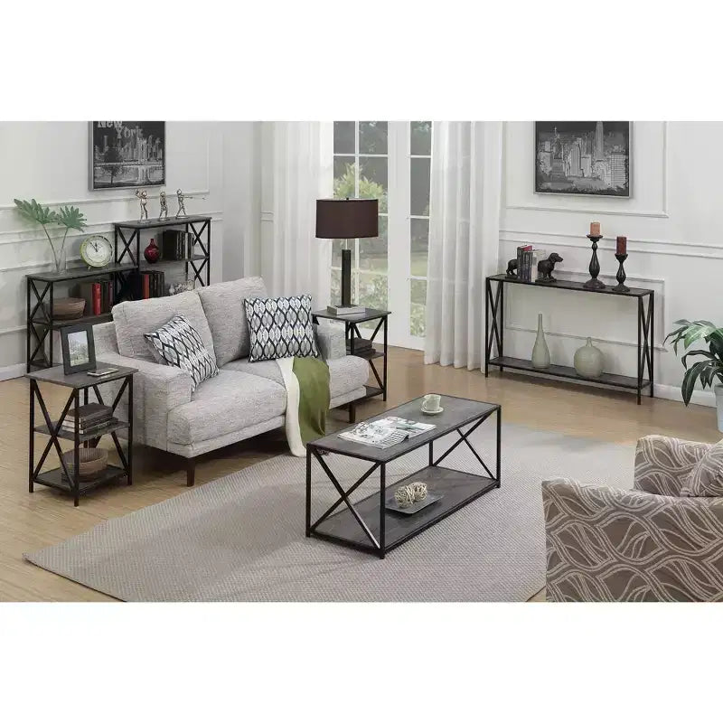 HomeStock Belmont – Lot de 2 tables basses gigognes avec piètement en X en métal thermolaqué, surfaces aspect bois, design polyvalent peu encombrant