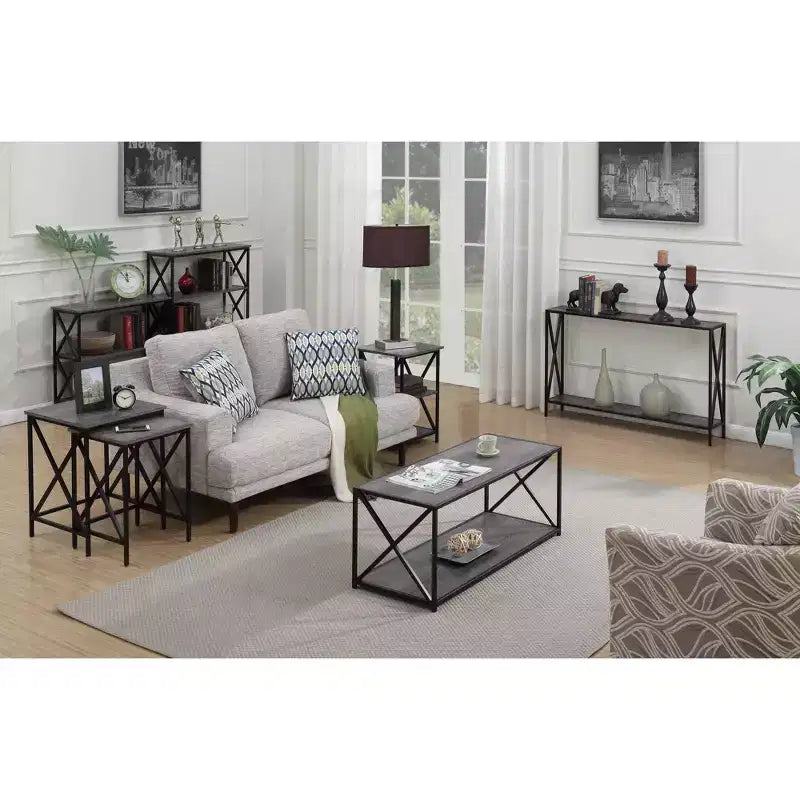 HomeStock Belmont – Lot de 2 tables basses gigognes avec piètement en X en métal thermolaqué, surfaces aspect bois, design polyvalent peu encombrant
