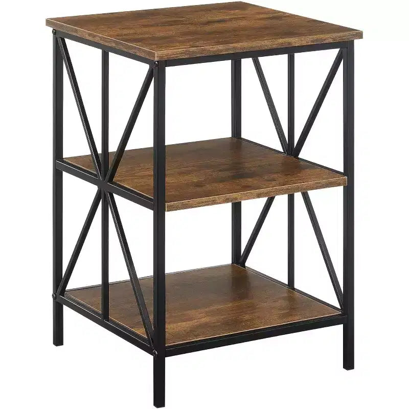 Table d'appoint Belmont HomeStock à trois étagères, cadre en métal entrecroisé et finition grain de bois, table de rangement d'appoint moderne pour le salon