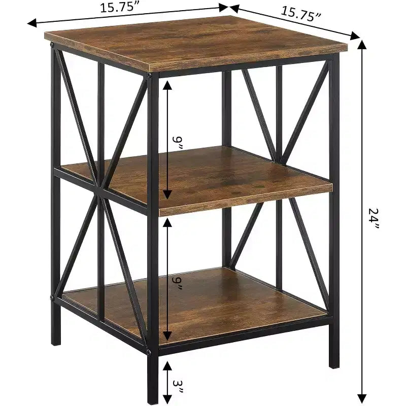 Table d'appoint Belmont HomeStock à trois étagères, cadre en métal entrecroisé et finition grain de bois, table de rangement d'appoint moderne pour le salon