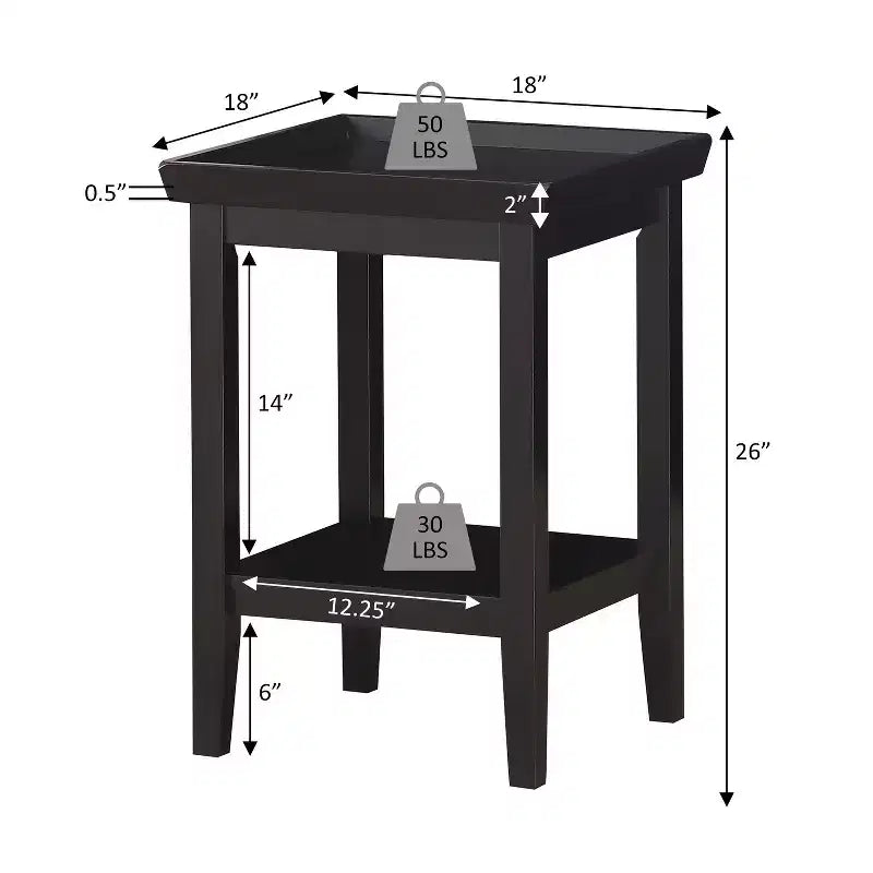 HomeStock Belmont – Table d'appoint avec plateau à rebord surélevé et étagère inférieure, table d'appoint en bois d'hévéa pour le rangement, l'exposition et l'organisation