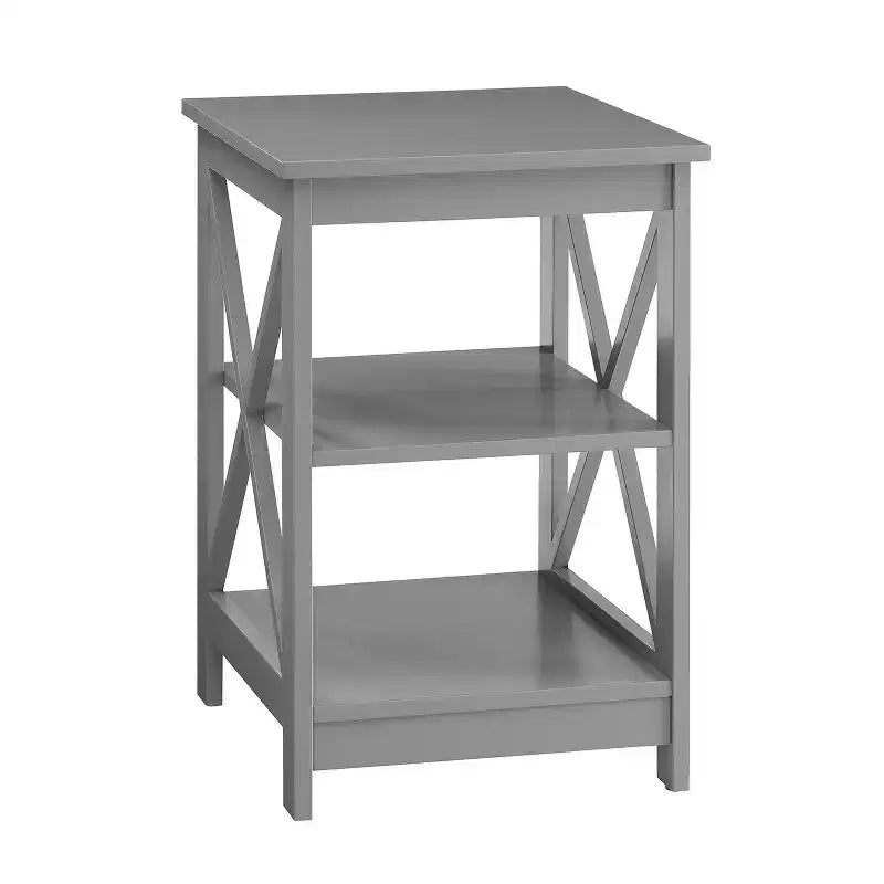 Table d'appoint Belmont HomeStock à trois étagères et côtés en X, table d'appoint contemporaine avec rangement ouvert spacieux pour l'organisation de la maison