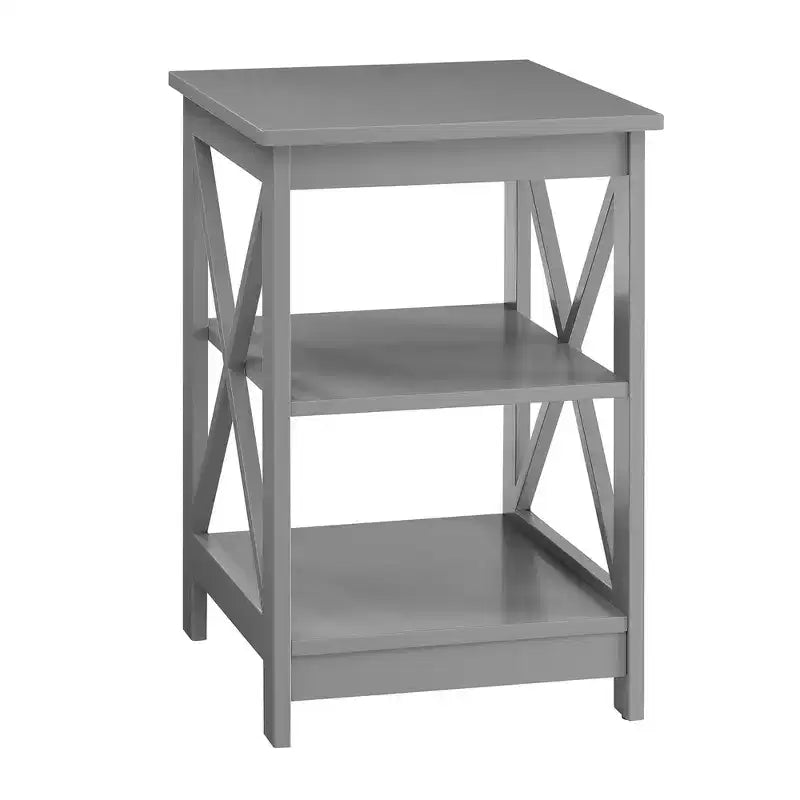 Table d'appoint Belmont HomeStock à trois étagères et côtés en X, table d'appoint contemporaine avec rangement ouvert spacieux pour l'organisation de la maison