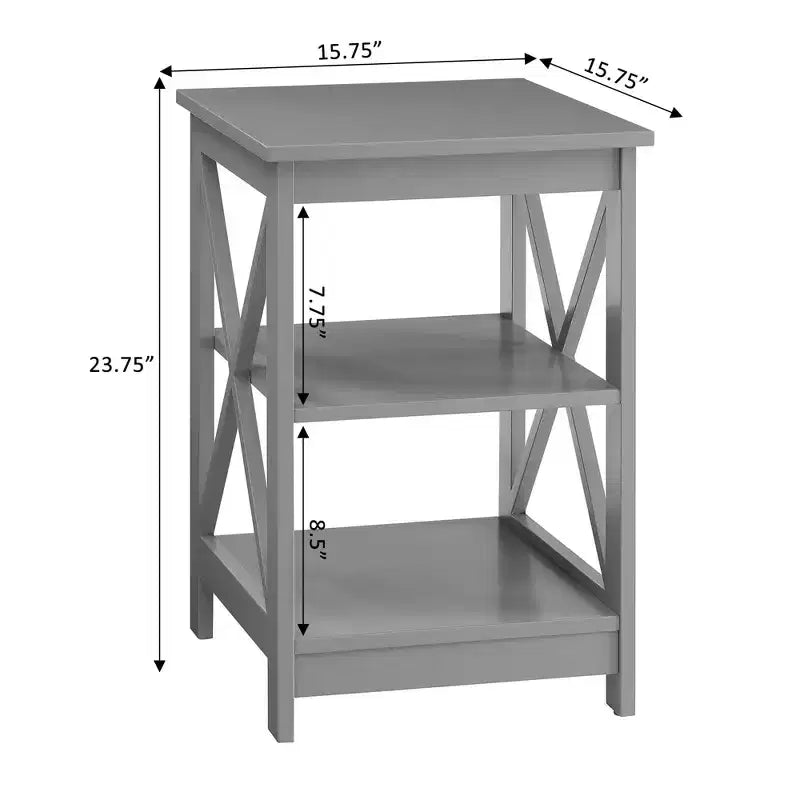 Table d'appoint Belmont HomeStock à trois étagères et côtés en X, table d'appoint contemporaine avec rangement ouvert spacieux pour l'organisation de la maison