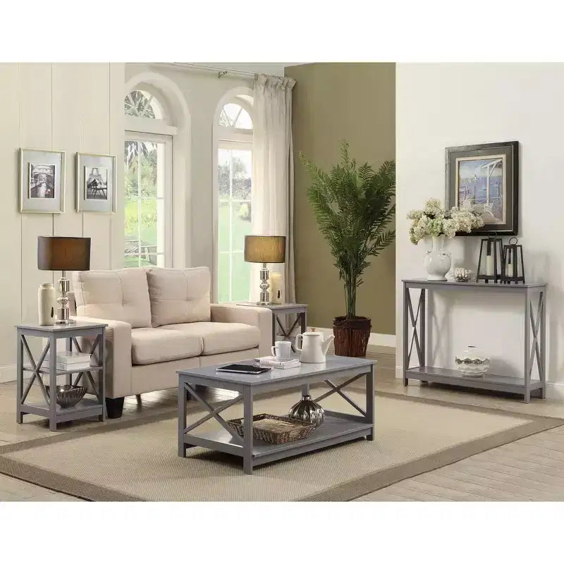 Table d'appoint Belmont HomeStock à trois étagères et côtés en X, table d'appoint contemporaine avec rangement ouvert spacieux pour l'organisation de la maison
