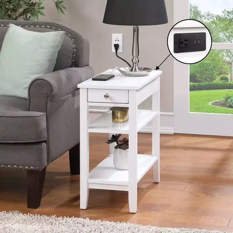 Table d'appoint de chevet HomeStock Belmont avec tiroir coulissant, ports USB, prise électrique et étagères, table d'appoint de salon contemporaine avec rangement