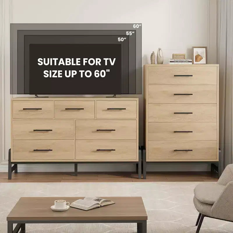 Commode à 6 tiroirs de 118 cm de haut - Meuble de rangement en bois autoportant pour chambre et salon