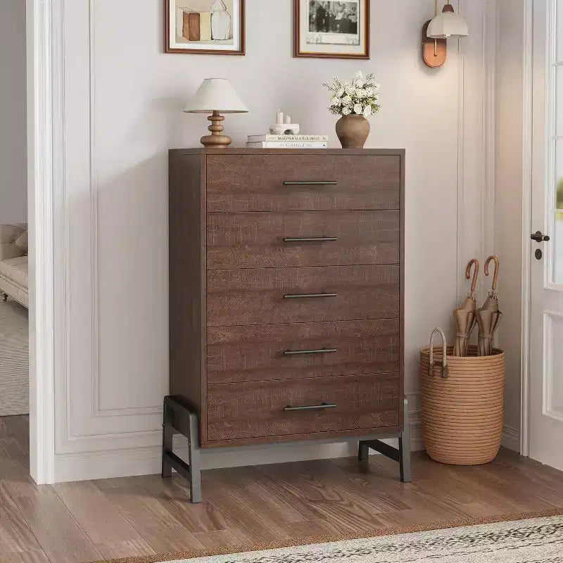 Commode à 6 tiroirs de 118 cm de haut - Meuble de rangement en bois autoportant pour chambre et salon