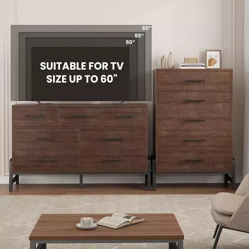 Commode à 6 tiroirs de 118 cm de haut - Meuble de rangement en bois autoportant pour chambre et salon