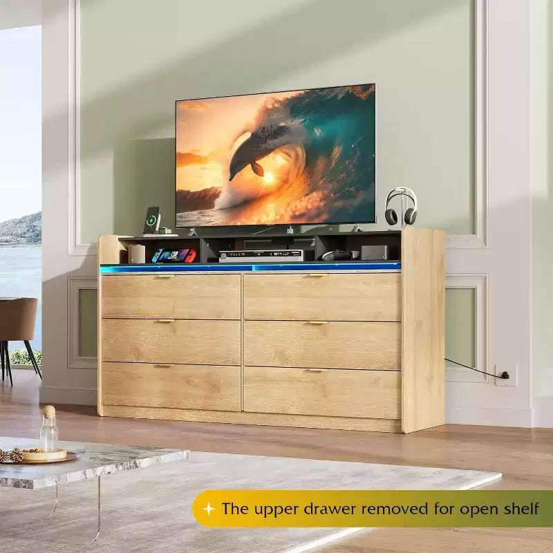 GALAXHERO Commode LED 9 tiroirs de 148,2 cm de large - avec prises de courant, étagères ouvertes et compatibilité meuble TV 165 cm pour chambre/salon/dressing