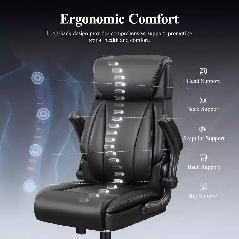 Chaise de bureau en cuir KERDOM, grande et haute chaise de bureau de direction respirante en PU avec soutien lombaire, noir
