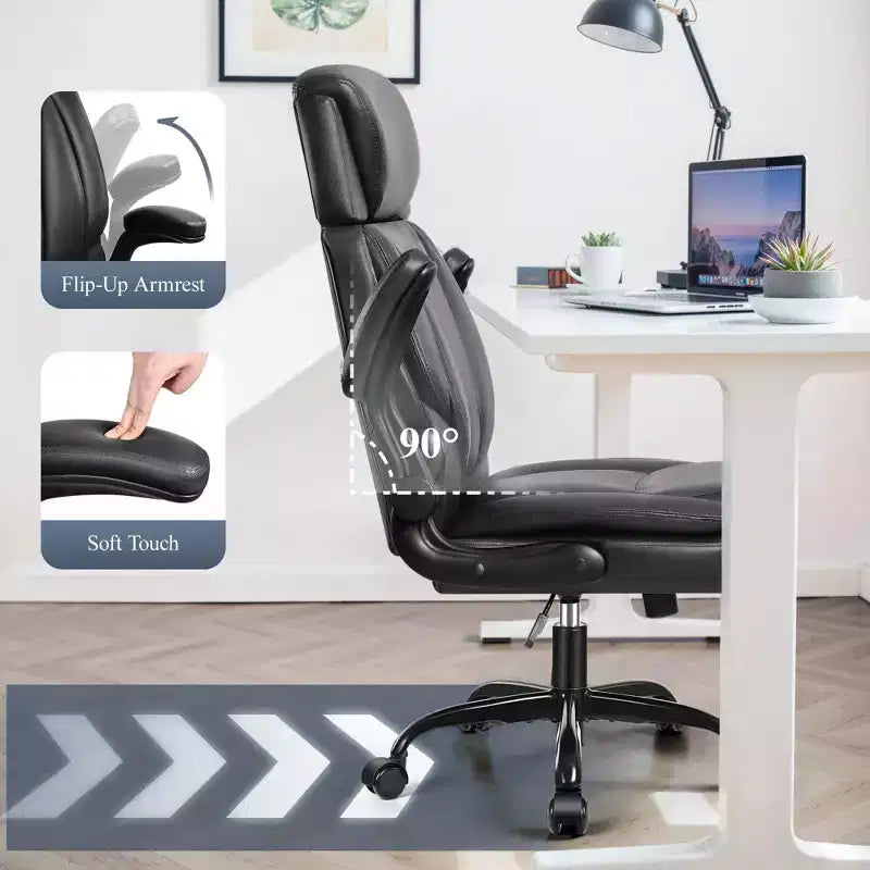 Chaise de bureau en cuir KERDOM, grande et haute chaise de bureau de direction respirante en PU avec soutien lombaire, noir