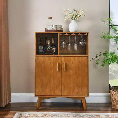31.5-Inch Wooden Wine Cabinet with Glass Holder, Wine Rack, Adjustable Shelves, and Sideboard Storage for Kitchen or Home Bar
