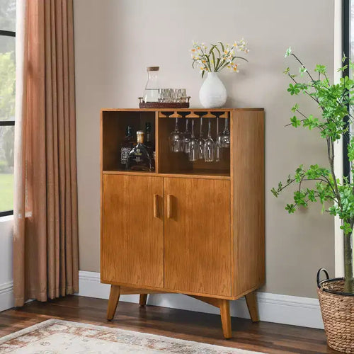 Meuble à vin en bois de 80 cm avec porte-verres, casier à vin, étagères réglables et rangement latéral pour la cuisine ou le bar.