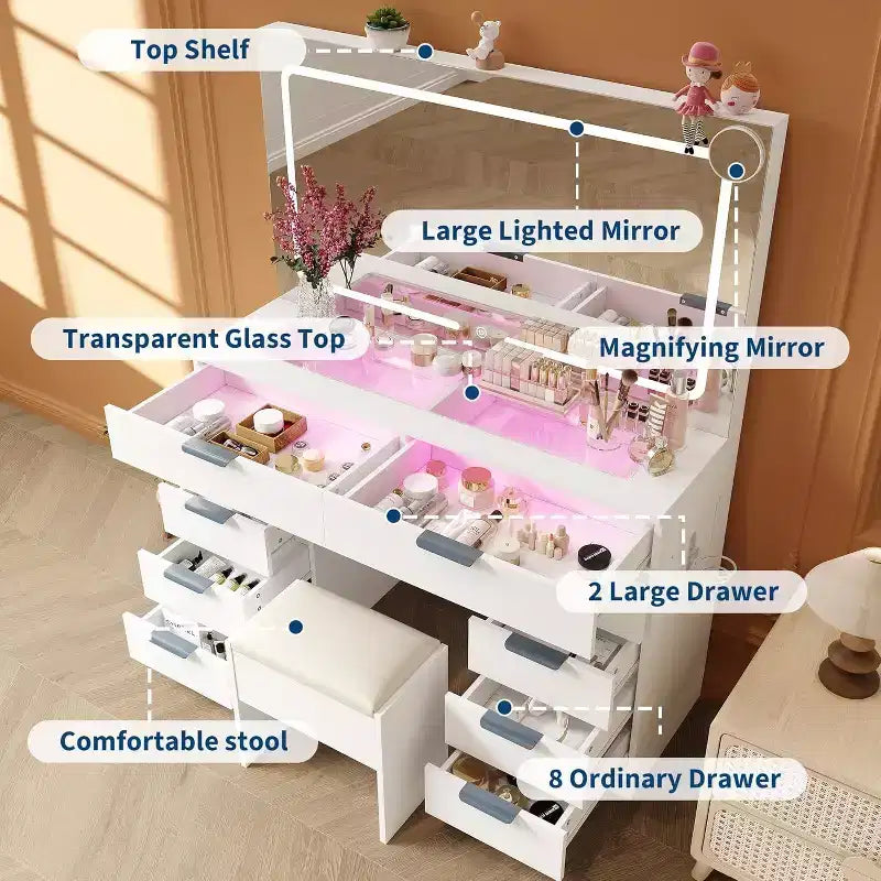 Coiffeuse Acekool avec lumières et miroir, Table de maquillage en verre avec tabouret, prises et 10 tiroirs