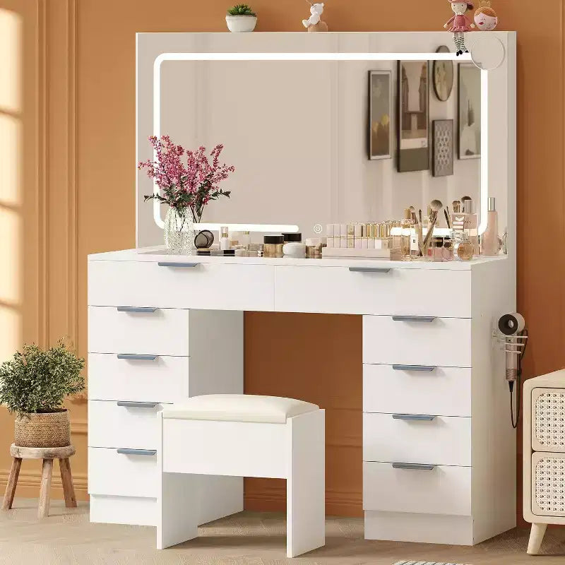 Coiffeuse Acekool avec lumières et miroir, Table de maquillage en verre avec tabouret, prises et 10 tiroirs