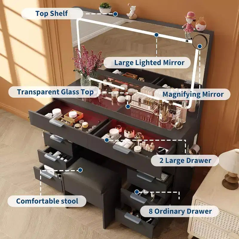 Coiffeuse Acekool avec lumières et miroir, Table de maquillage en verre avec tabouret, prises et 10 tiroirs