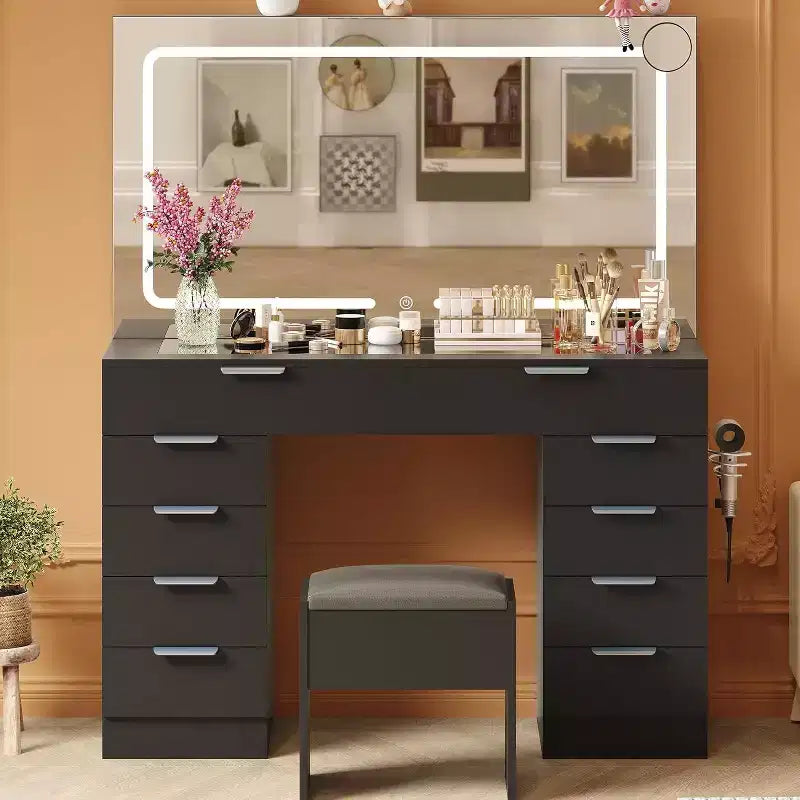Acekool Vanity Desk with Lights & Mirror, Glass Top Makeup Table with Stool, Outlets & 10 Drawers