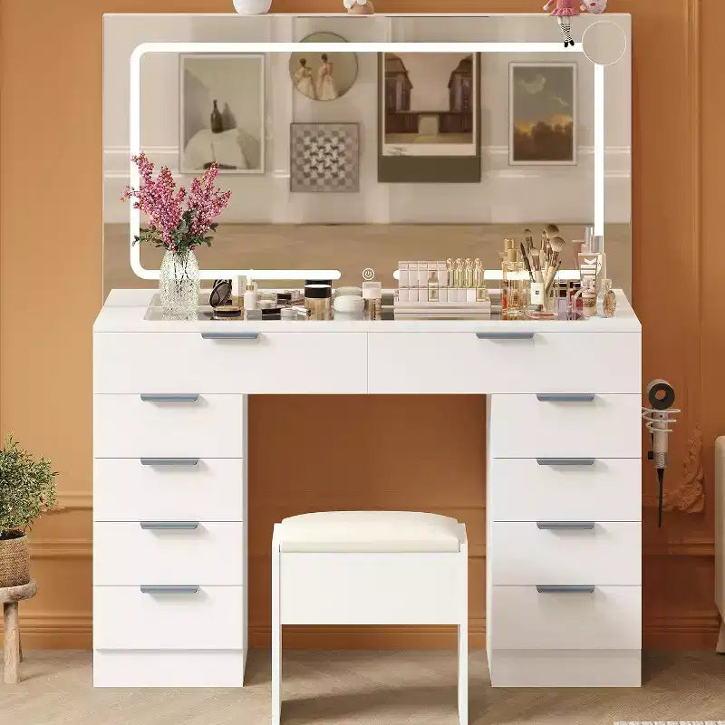 Coiffeuse Acekool avec lumières et miroir, Table de maquillage en verre avec tabouret, prises et 10 tiroirs