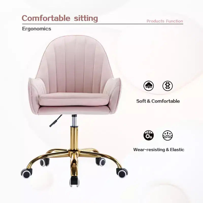 Fauteuil de bureau Okak Velvet, jolie chaise de bureau avec base en métal doré, chaise de coiffeuse pour salon, coiffeuse, bureau, rose