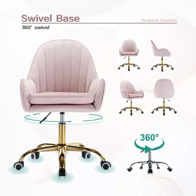 Fauteuil de bureau Okak Velvet, jolie chaise de bureau avec base en métal doré, chaise de coiffeuse pour salon, coiffeuse, bureau, rose