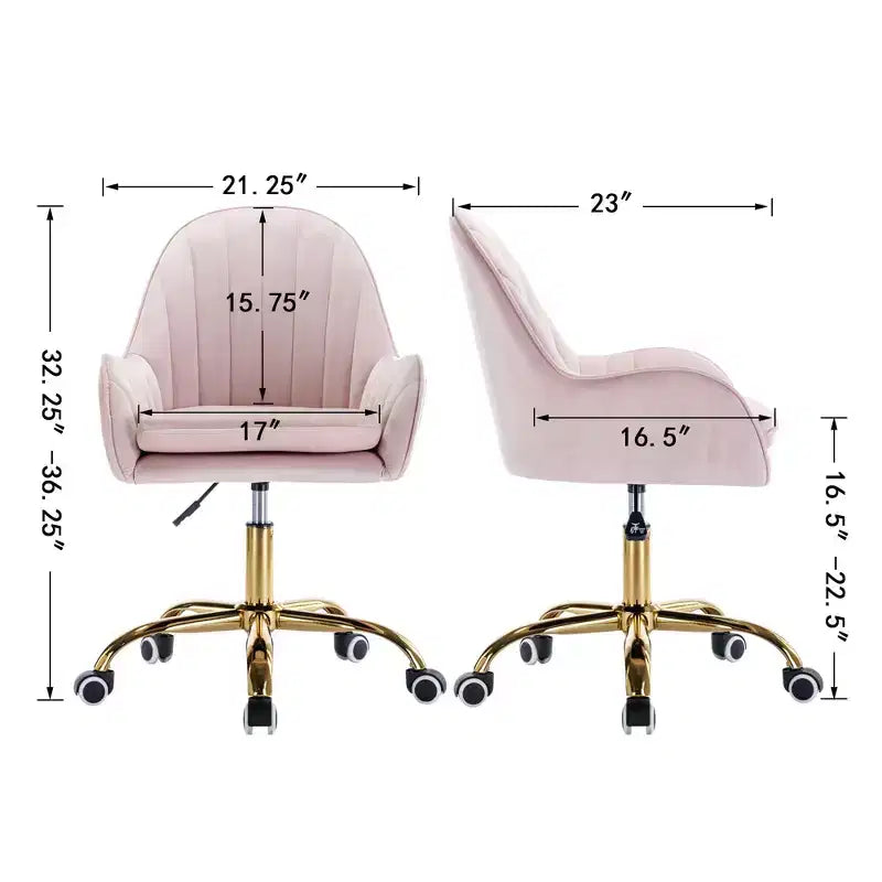Fauteuil de bureau Okak Velvet, jolie chaise de bureau avec base en métal doré, chaise de coiffeuse pour salon, coiffeuse, bureau, rose