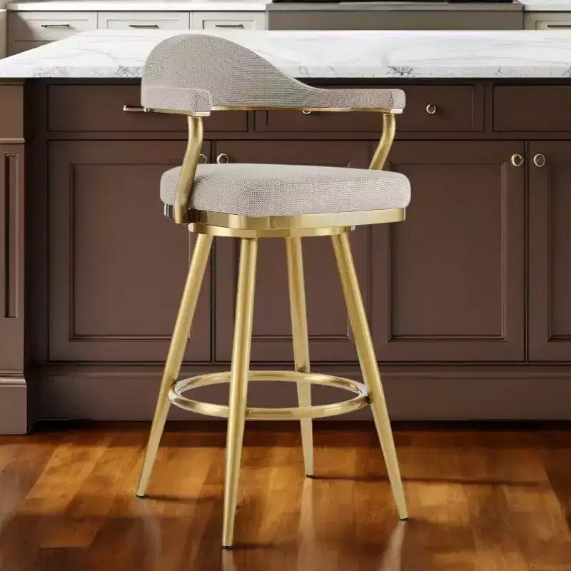 Tabouret de bar pivotant HomeRoots 26, hauteur comptoir, en tissu taupe et or et acier inoxydable